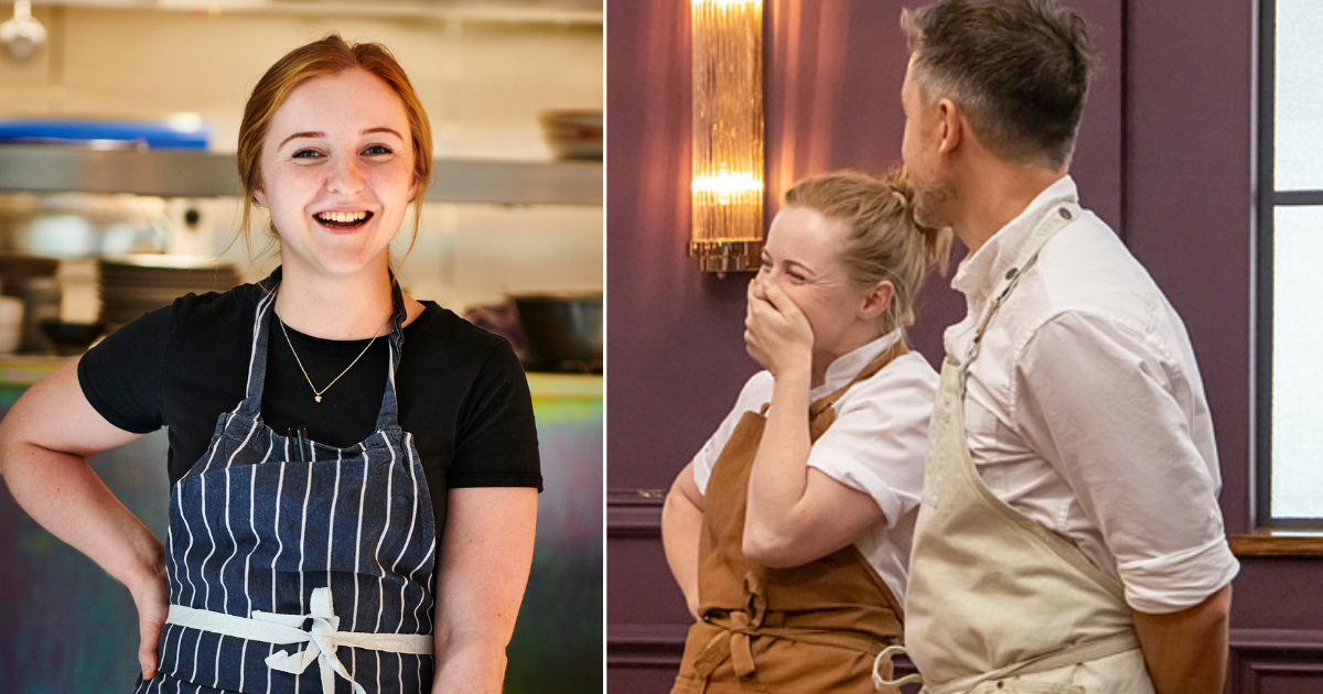Amber Francis in her chef apron and on Great British Menu