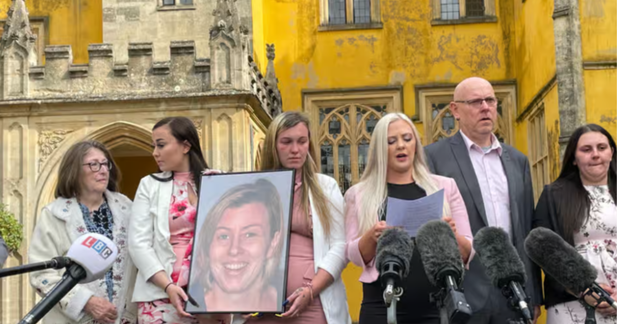 Family of Celia Marsh, (from left) Mrs Marsh’s mother Jen Gower, Mrs Marsh’s daughters Kayleigh Grice, Brenna Grice, Ashleigh Grice (speaking), Mrs Marsh’s husband Andy Marsh, and her daughter Shanaye Grice, outside Avon Coroner’s Court in Bristol following the inquest into her death (Tess de la Mare/PA)
