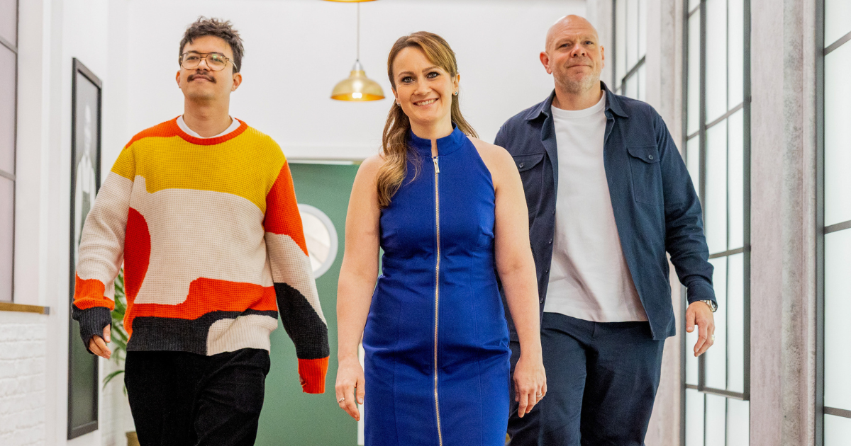 Phil Wang, Lorna McNee and Tom Kerridge walking towards the camera