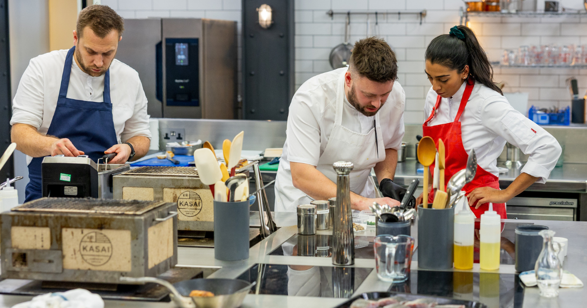 Orry Shand, Nikita Pathakji and Jack Bond in the Great British Menu kitchen