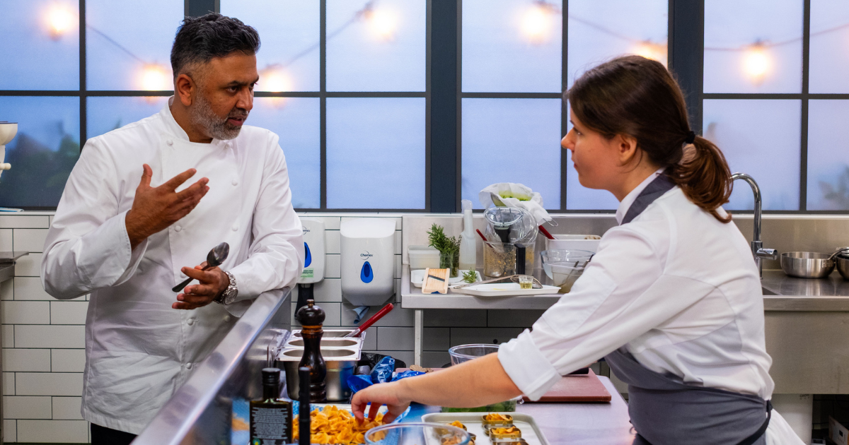 Abbie Hendren with Aktar Islam in the Great British Menu kitchen