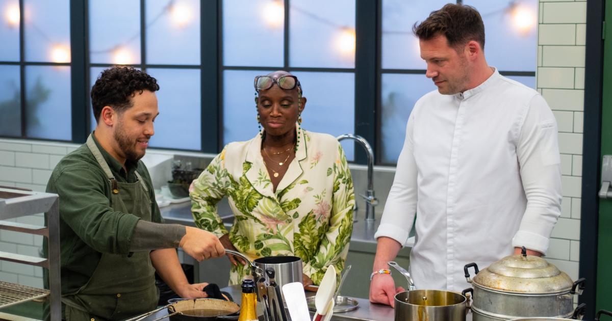 Corrin Harrison in the kitchen of Great British Menu with Andi Oliver and Tommy Banks