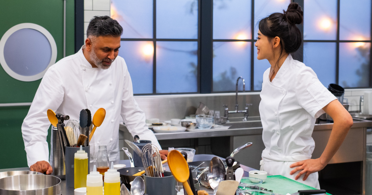 Dana Choi in the Great British Menu kitchen with Aktar Islam