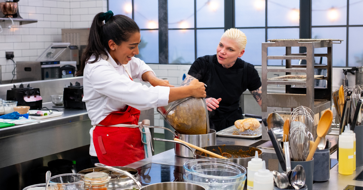 Nikita Pathakji in the Great British Menu kitchen with Ash Valenzuela-Heeger