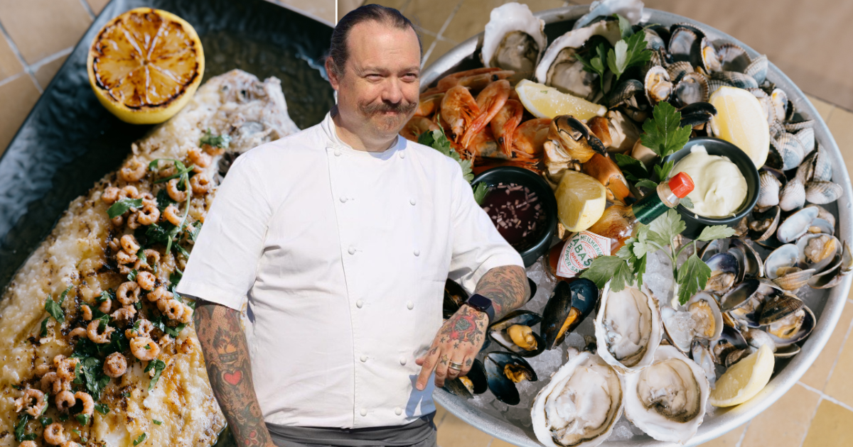Chef James Golding in whites with seafood dishes, highlighting his focus on accessible fish cookery in the UK