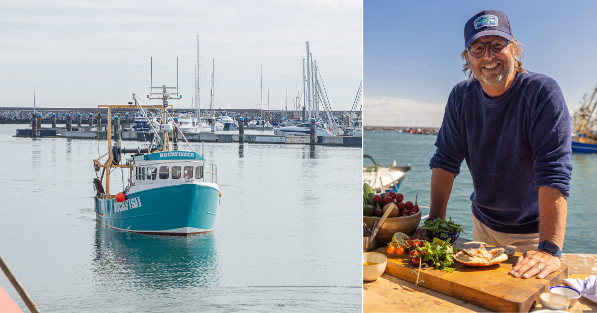 Seafood restaurateur Mitch Tonks at the harbour with Rockfisher boat, showcasing sustainable British catch