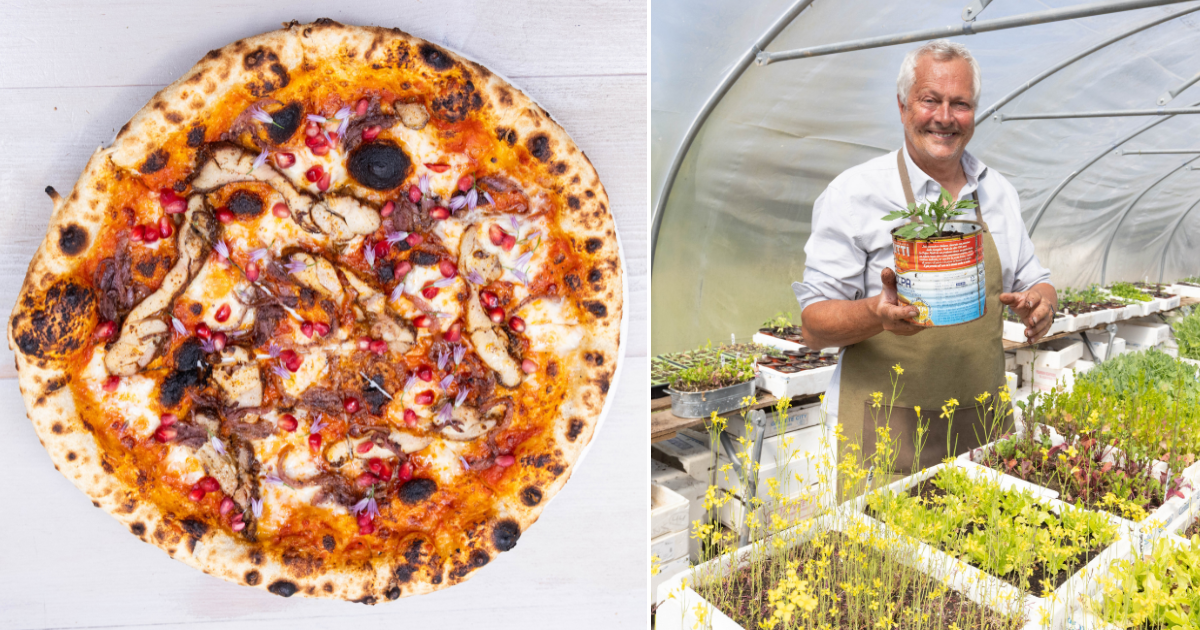 Roman-style pizza from Nick Nairn Cook School and Nick holding seedlings inside the polytunnel.