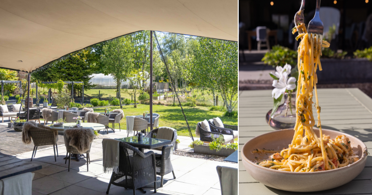 Outdoor terrace at Nick Nairn Cook School, Lake of Menteith, with stretch-tent seating and garden view; close-up of pasta being twirled.