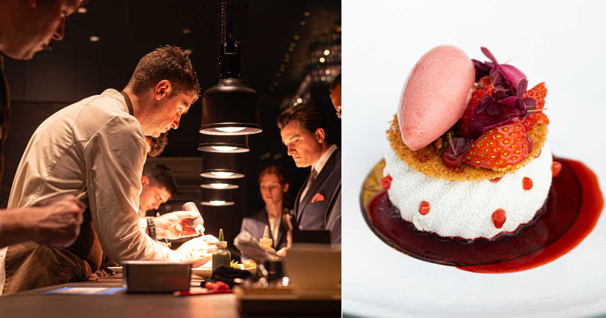 Executive Head Chef James Goodyear plating and a dessert at Restaurant Gordon Ramsay High, London.