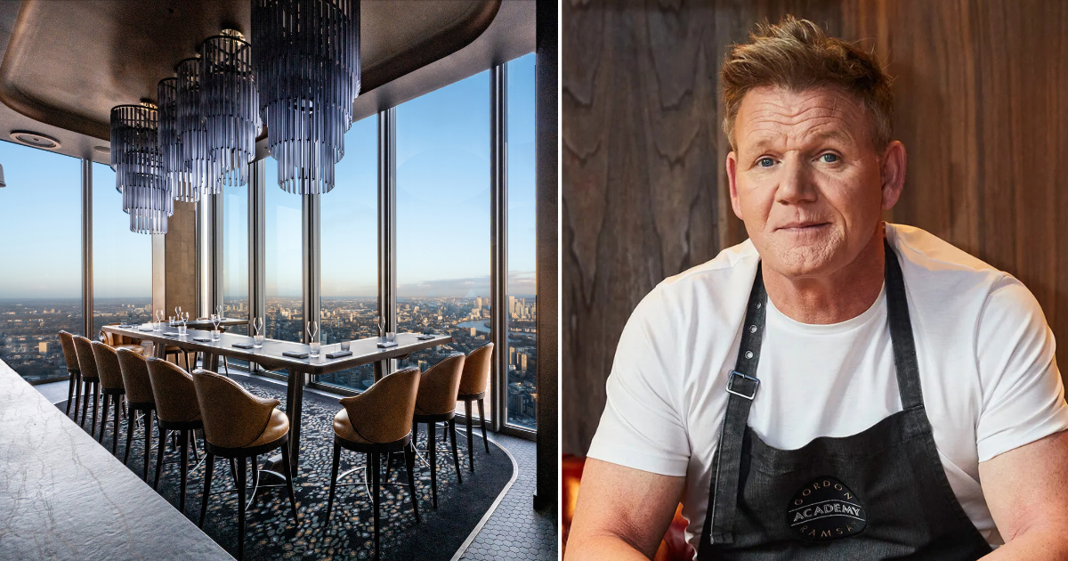 Dining room at Restaurant Gordon Ramsay High, 22 Bishopsgate, and Gordon Ramsay.