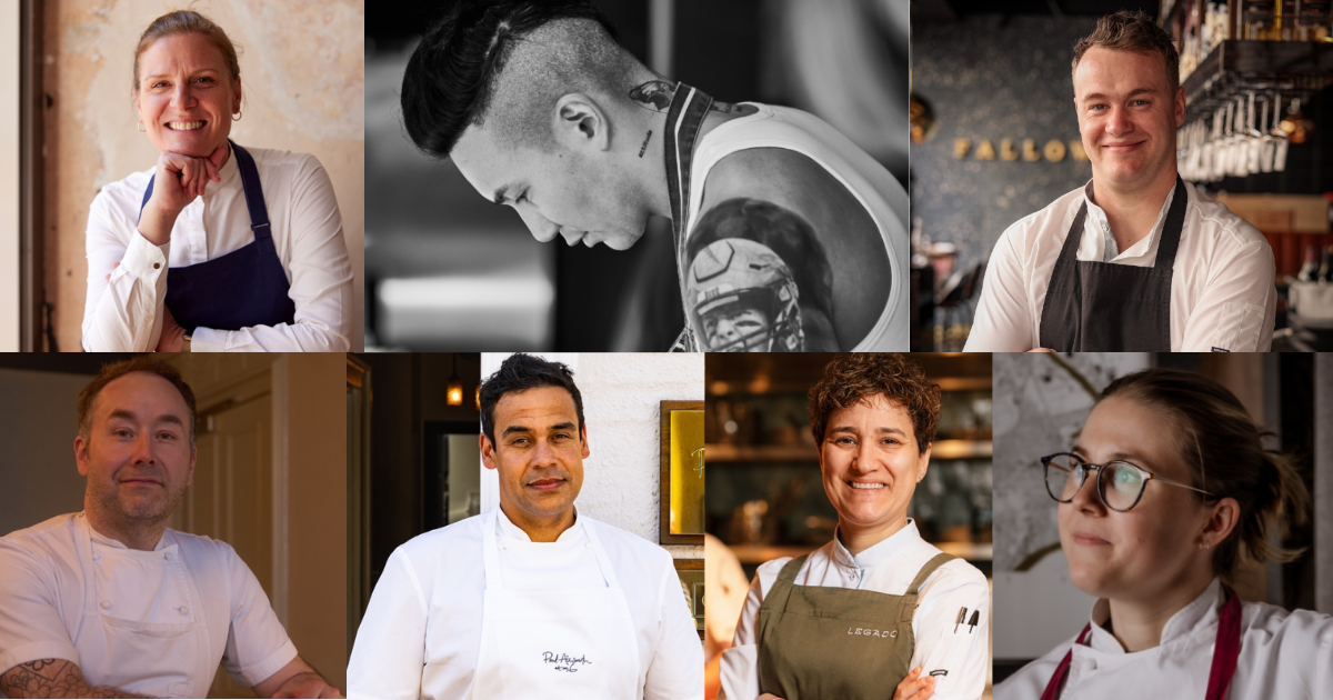Judging panel Paul Ainsworth, Nieves Barragan Mohacho, Chantelle Nicholson, Angelo Sato, Emily Roux, Stuart Ralston and Will Murray