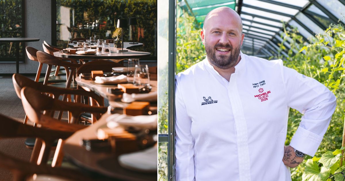 Adam Degg in his Michelin jacket and the interior at Fifty Two at Rudding Park