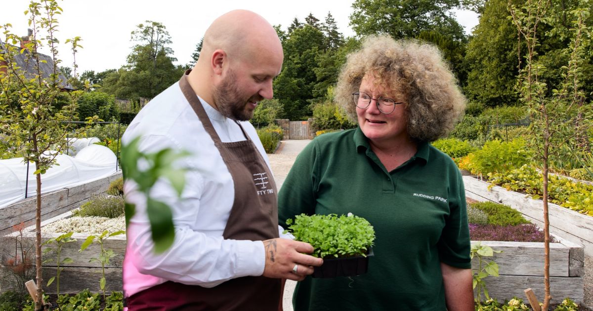 Adam Degg with head kitchen gardener Emma Pugh at Rudding Park