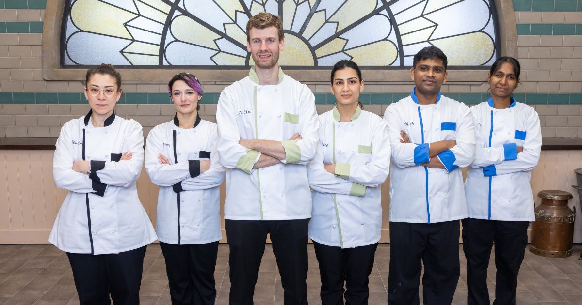 Bake Off: The Professionals finalists pose in their chef whites