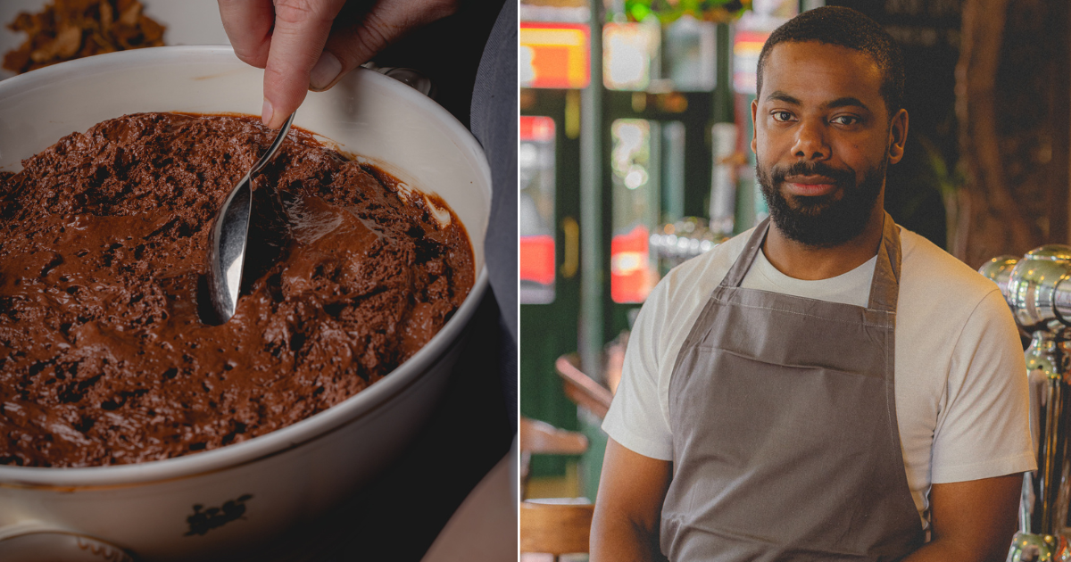 Retro chocolate mousse served from a large bowl alongside portrait of Ben Allen at The Parakeet.
