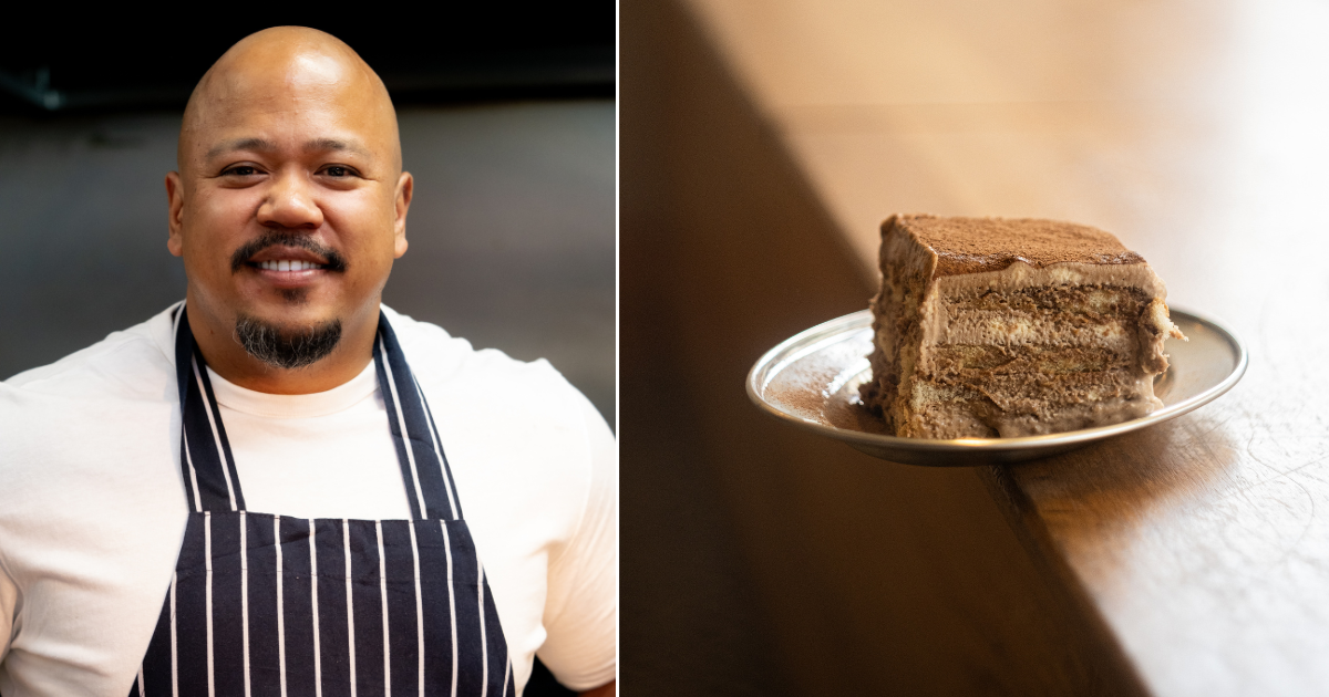 Chef Omar Shah of Café Mama & Son with a slice of Milo chocolate tiramisu on a small plate.