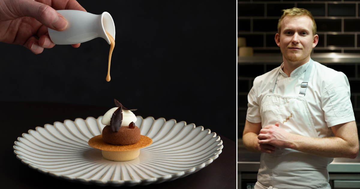Caramelia chocolate dessert poured tableside beside portrait of Michael Blades, head chef at Upstairs by Tom Shepherd.