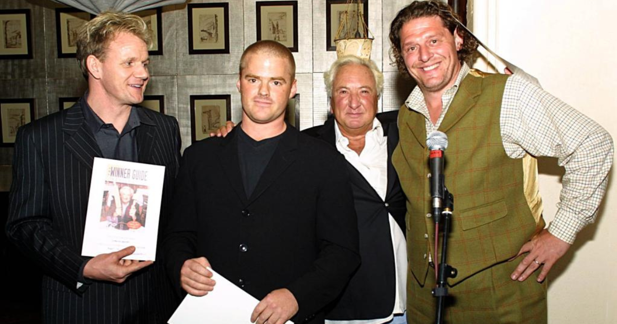 Heston Blumenthal with Gordon Ramsay and Marco Pierre White at an industry event.