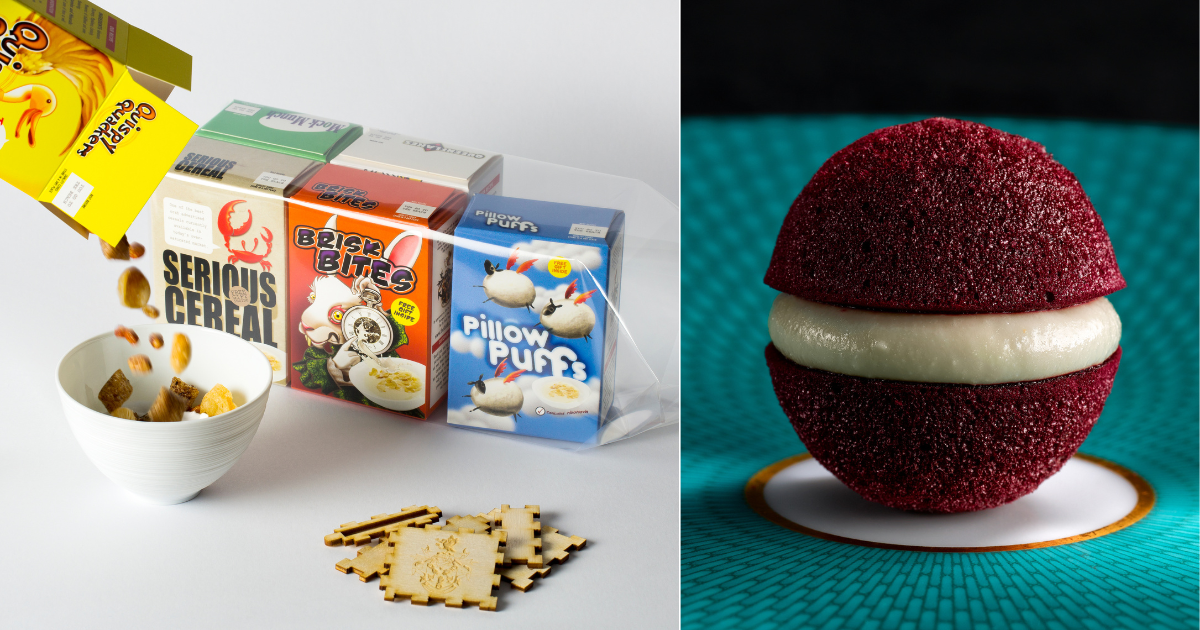 Mini cereal boxes from The Fat Duck’s nostalgic breakfast course; beetroot meringue with horseradish cream.