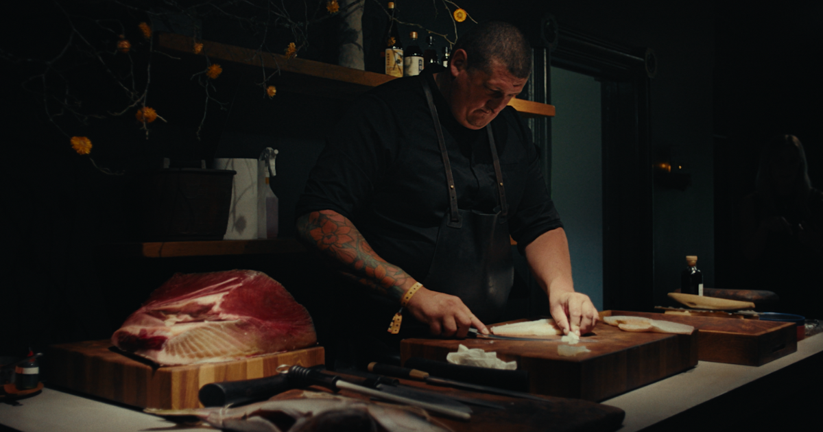 Gareth Ward cooking in the kitchen at Ynyshir