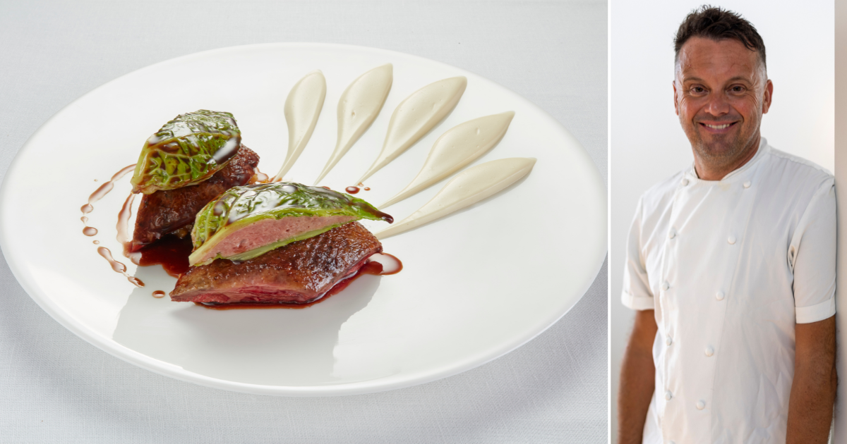 Gary Foulkes in chef whites and his food at Cornus restaurant