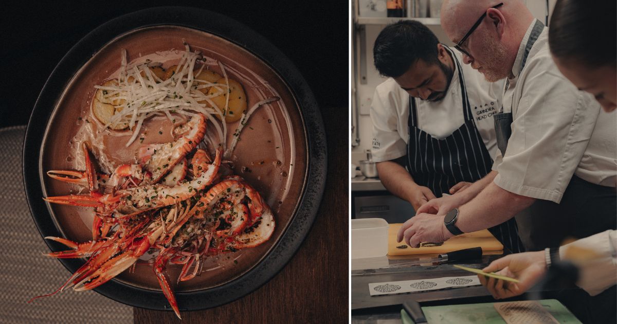 Gary Maclean with his kitchen team and a langoustine dish at Kin