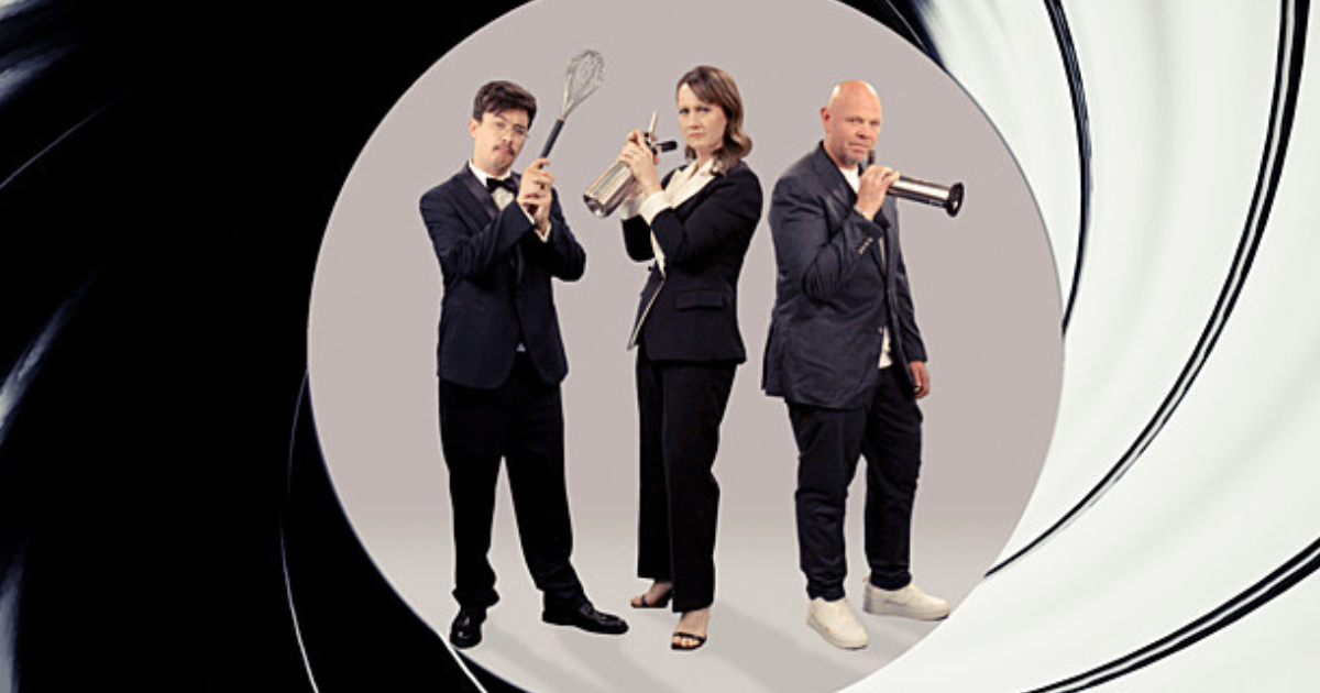 Great British Menu judges Phil Wang, Lorna McNee and Tom Kerridge in James Bond pose