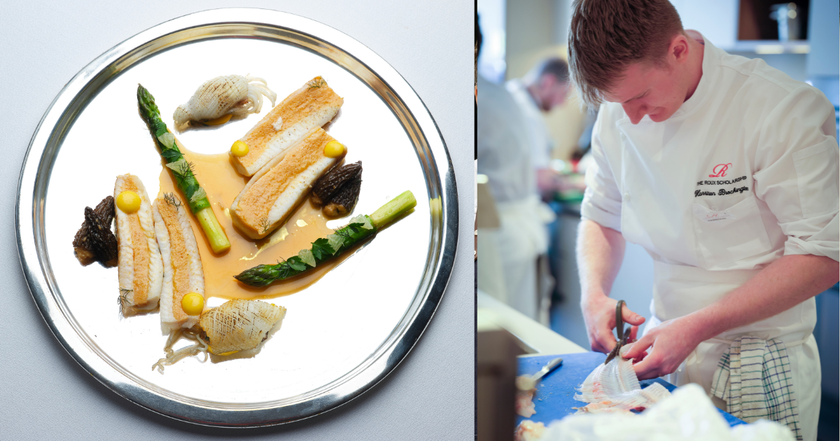 Harrison Brockington and his dish at The Roux Scholarship 2026
