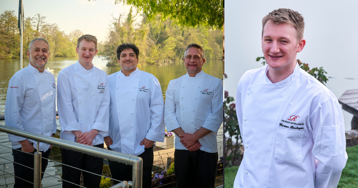Harrison Brockington at The Roux Scholarship 2026 with Michel Roux Jr, Mauro Colagreco and Alain Roux