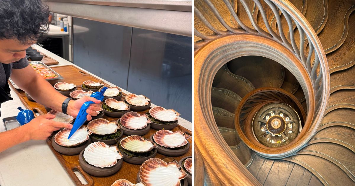 Scallops being prepared at HIDE and the HIDE staircase