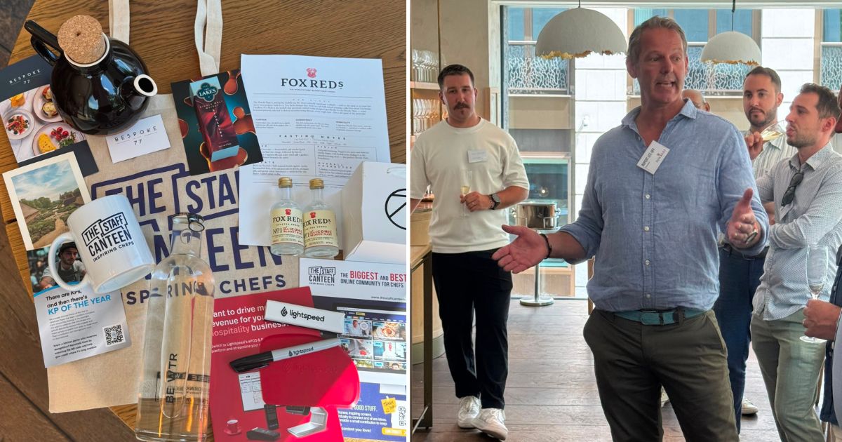 Goody bag at a The Staff Canteen networking lunch and Rupert Lee-Uff of Fox Reds Vodka speaking