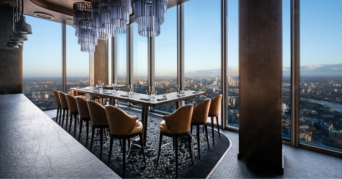 Interior of Restaurant Gordon Ramsay High, overlooking London