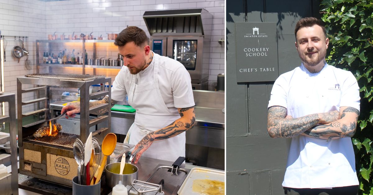 Jamie Keeble cooking on Great British Menu and stood outside Chef's Table on Swinton Estate