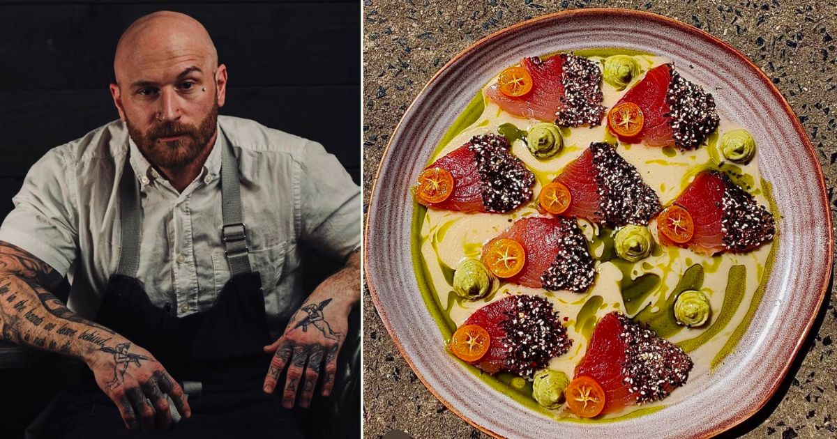 Jason Wright in chef whites and one of his dishes