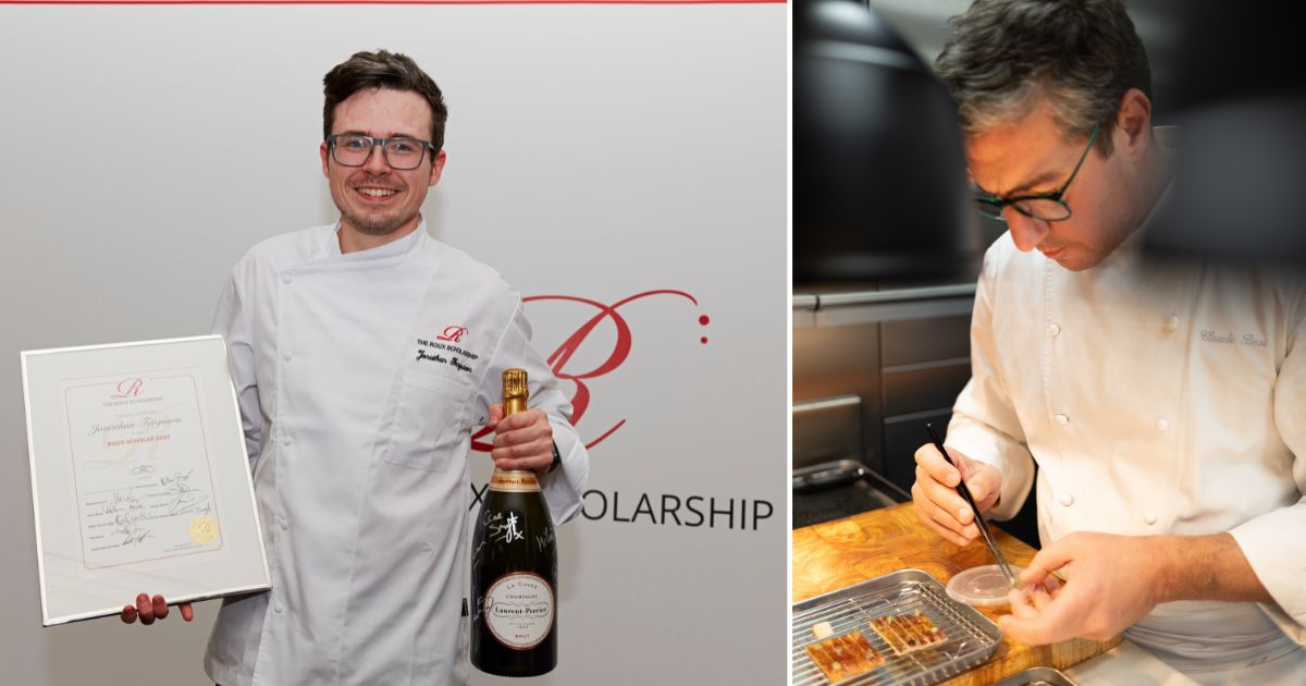 Jonathan Ferguson celebrating winning The Roux Scholarship and chef Claude Bosi plating a dish