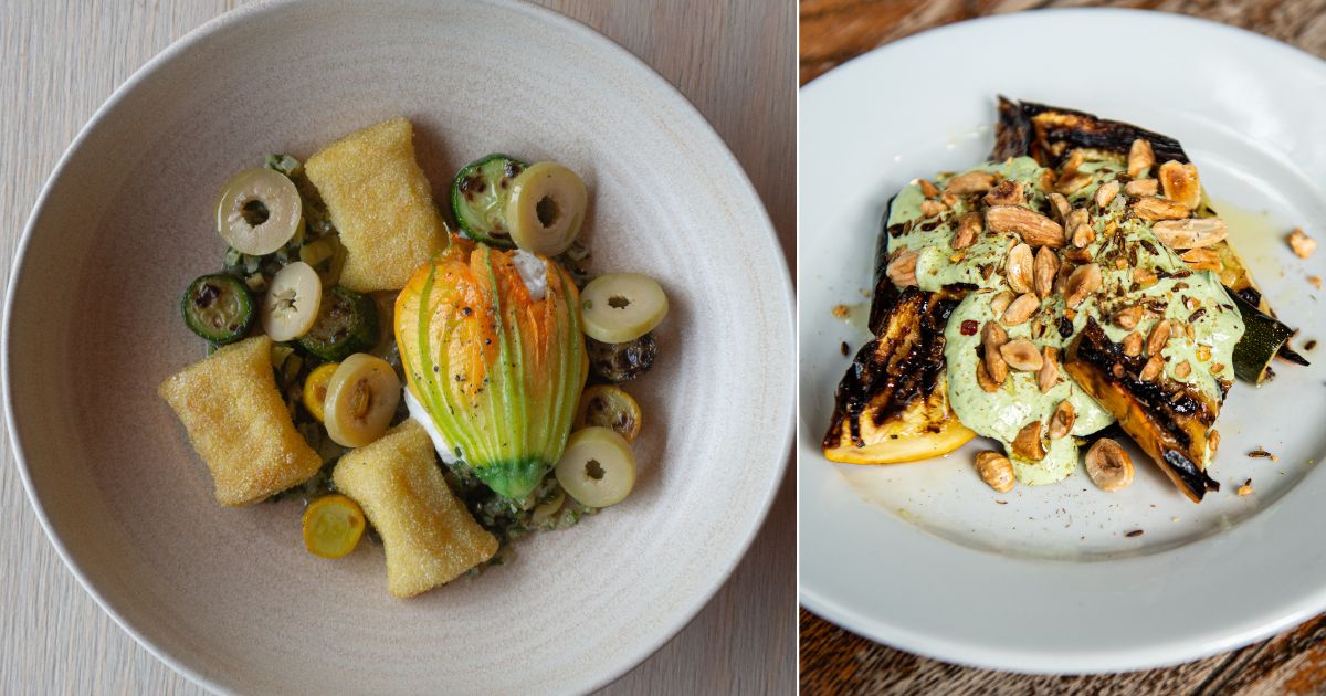 Courgettes and stuffed courgette flowers at Counter Culture and grilled courgettes by Lloyd Morse