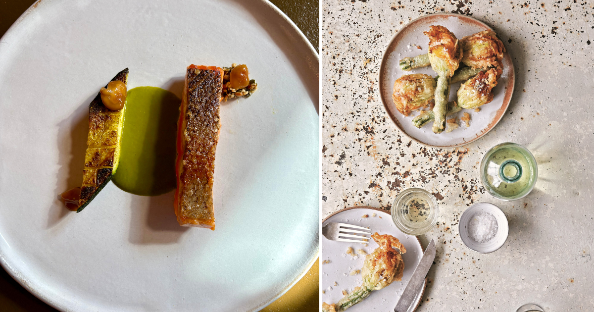 Chalkstream trout with a spiced courgette sauce, pickled mushrooms and roasted courgette and crab-stuffed courgette flowers