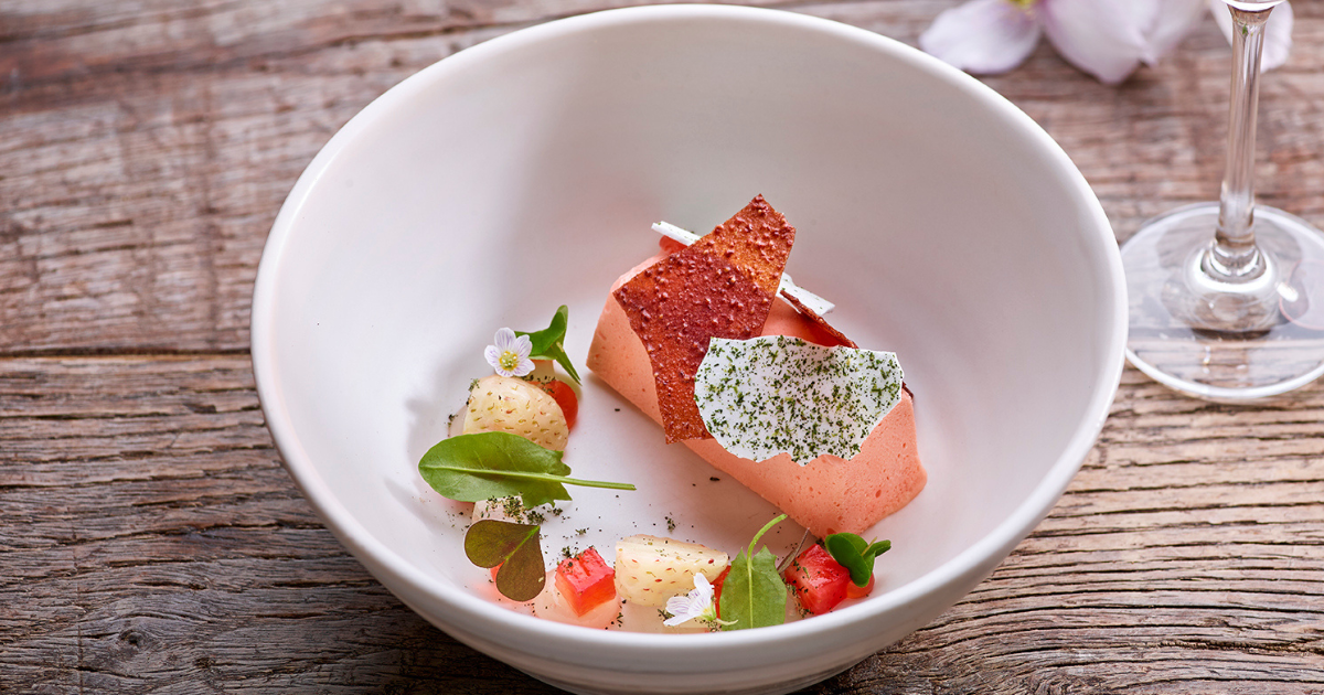 Nettle and elderflower parfait, strawberries, sorrel