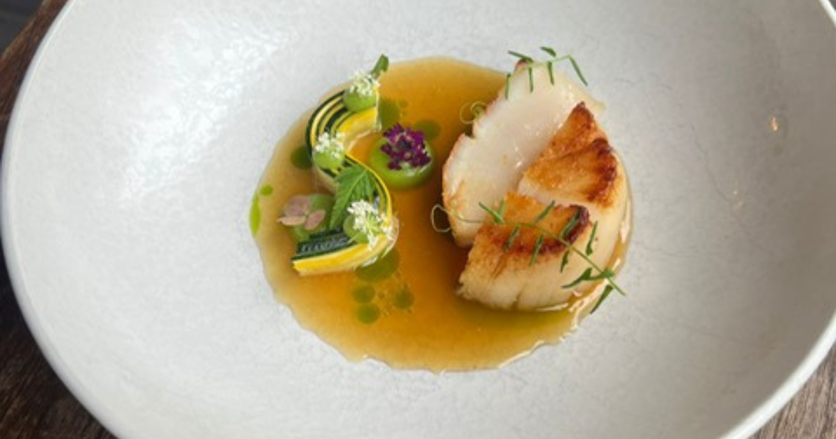 Roasted Orkney scallop, dressed courgettes, buttermilk and elderflower dashi