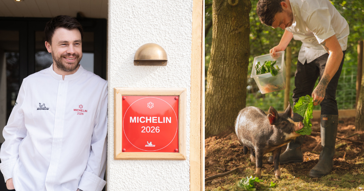 Liam Dillon next to his Michelin 2026 plaque and also with a pig