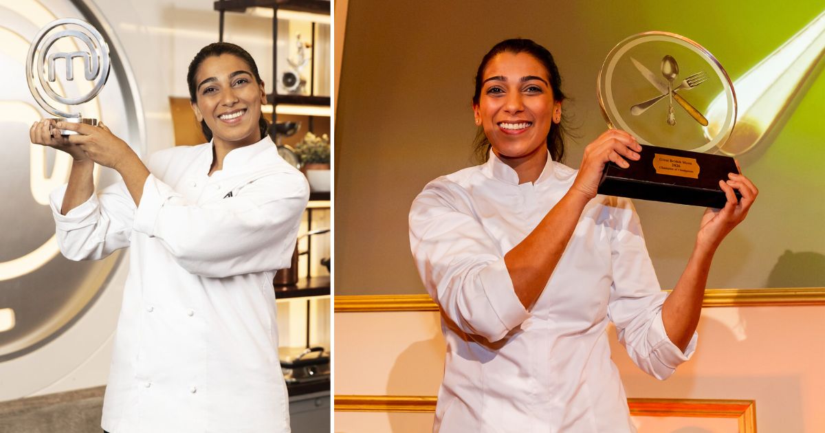 Nikita Pathakji with the MasterChef and Great British Menu trophies