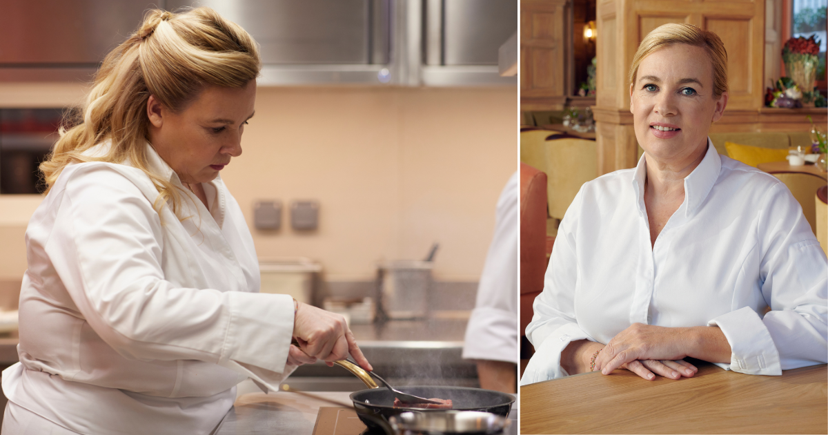 Chef Hélène Darroze in her London kitchen at The Connaught and portrait in the restaurant’s dining room.