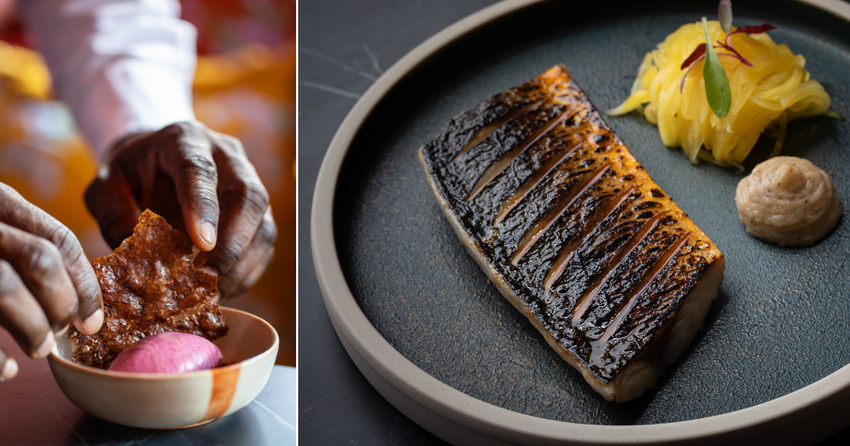 Two dishes including mackerel, mango, plantain at Shwen Shwen in Sevenoaks