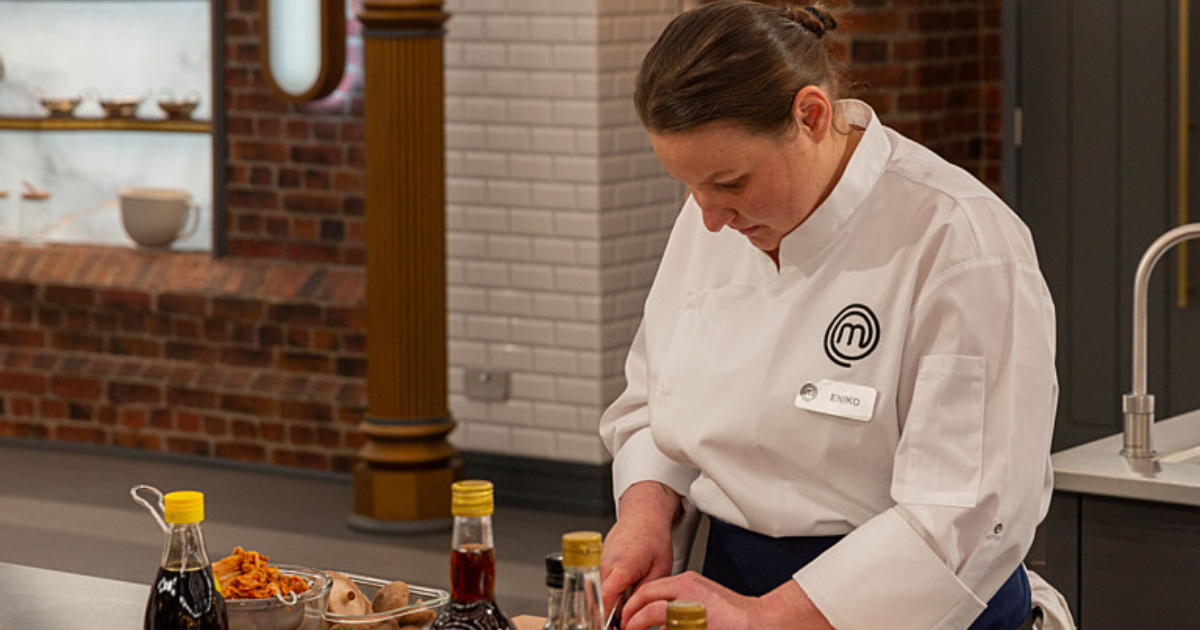 Eniko Fejer in the kitchen at MasterChef: The Professionals