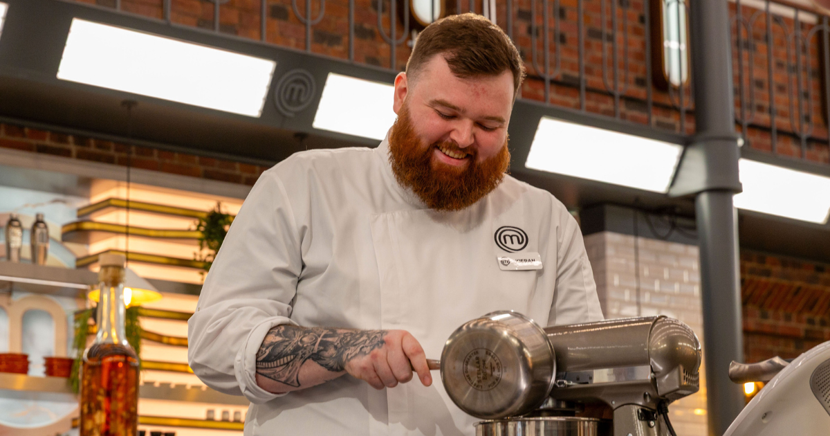 Chef Kieran in the kitchen on set at MasterChef: The Professionals