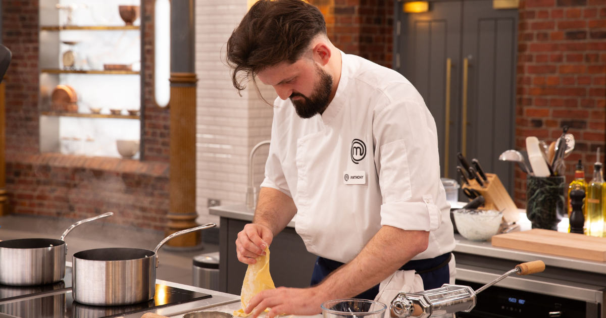 Anthony Ghiglieri cooking in the MasterChef kitchen