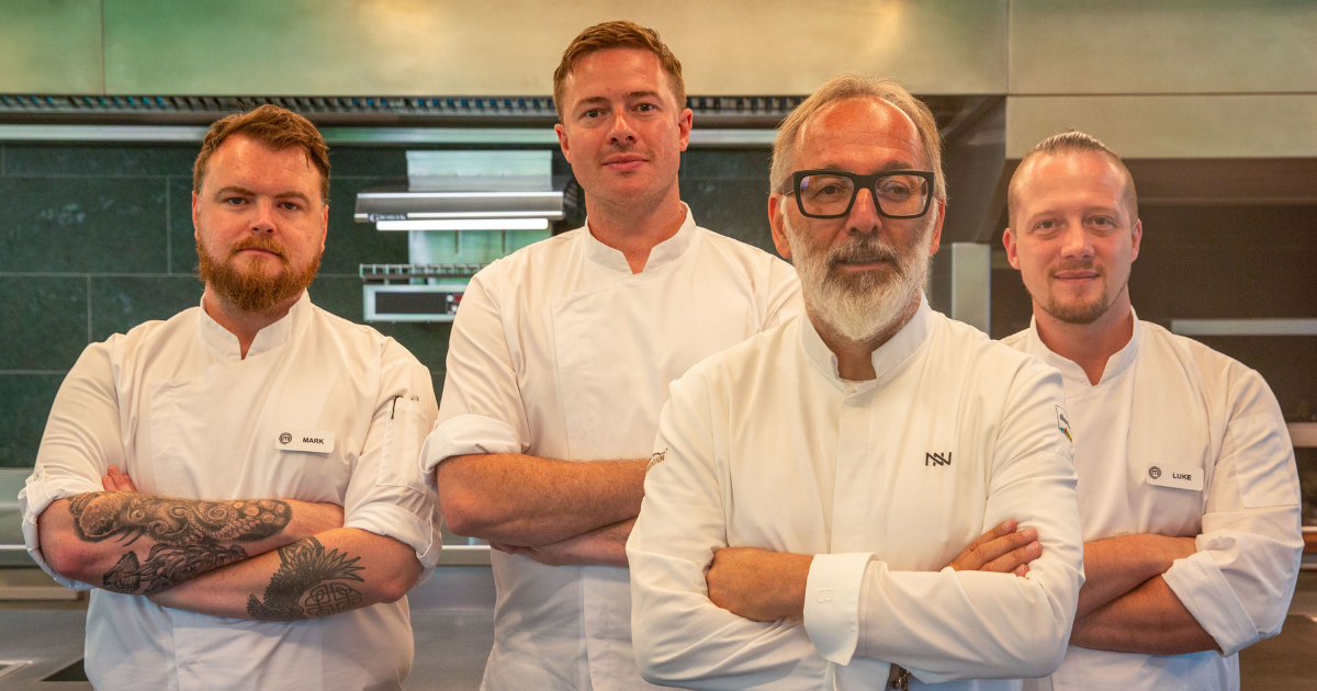 MasterChef final trio Mark O'Brien, Gareth Baty and Luke Emmess with Norbert Niederkofler