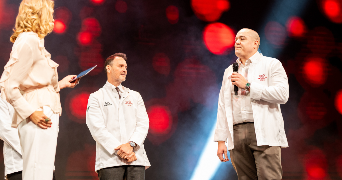 Matt Abé on stage at Michelin UK ceremony in Dublin with Jason Atherton