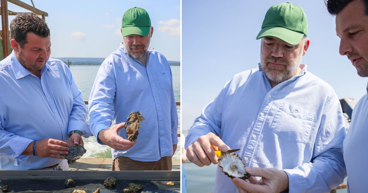 Nathan Outlaw with oysters on a boat