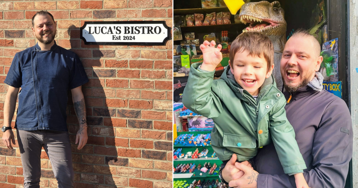 Peter Kroka with his son Luca and outside Luca's Bistro